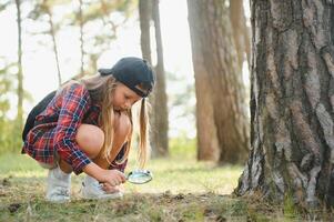 Image of cute kid with magnifying glass exploring the nature outdoors. Adorable little girl playing in the forest with magnifying glass. Curious child looking through magnifier on a sunny day in park. photo