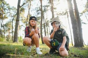 Two kids in casual clothes in exploring nature in forest together during school camping trip with magnifying glass. photo