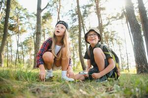 Group of curious happy school kids in casual clothes with backpacks exploring nature and forest together on sunny autumn day. photo