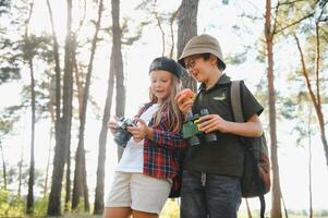 Happy excited school children with backpacks in casual clothes enjoying walk in forest on sunny autumn day, two active kids boy and girl running and playing together during camping trip in nature. photo