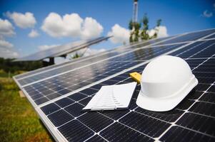 power solar panel on blue sky background,alternative clean green energy concept photo