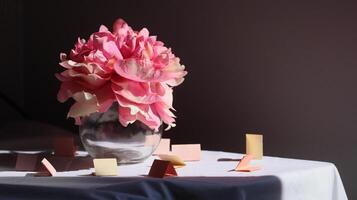 pink flowers sitting on a table with notes photo