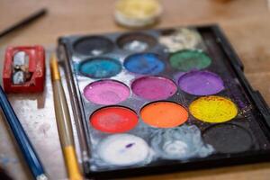 Close up of used colorful eye shadows make-up palette. Makeup background. Eyebrow and lip pencil and sharpener. Creative process. Grease stage makeup. Paint workshop. Selective focus. photo