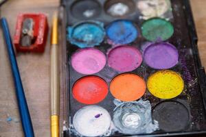 Close up of used colorful eye shadows make-up palette. Makeup background. Eyebrow and lip pencil and sharpener. Creative process. Grease stage makeup. Paint workshop. Selective focus. photo
