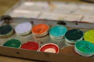 Closeup of an Used colorful make up palette with a lot of eye shadows. Green, blue, navy, yellow, orange, sparkly blue. Grease paint. Stage makeup workshop banner. Selective focus. photo