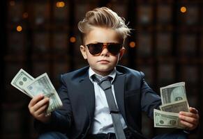 A young boy dressed in a business suit, confidently holds a stack of money. . photo