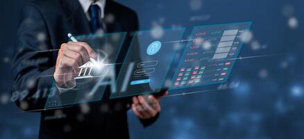 A businessperson interacts with a futuristic digital interface displaying bank security features. The image suggests advanced technology in financial security and data encryption. photo