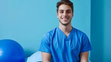 Young Physical Therapist Exuding Joy While Providing Expert Care in a Vibrant Clinic Setting photo