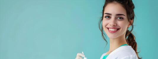 Smiling Young Dental Hygienist in White Uniform Posing Against Vibrant Turquoise Background photo