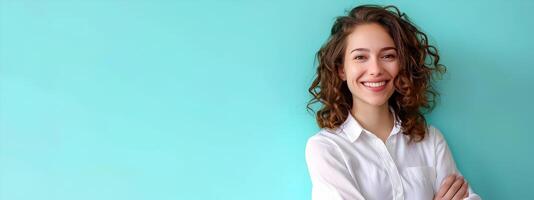 Vibrant Young Teaching Assistant Embodying Success and Enthusiasm in Colorful Workspace photo
