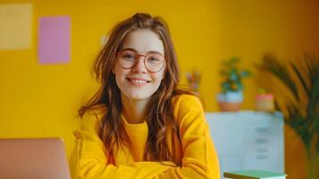 Young Tutor Exuding Joy and Expertise in Vibrant Online Teaching Session photo