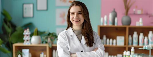 Young Pharmacy Assistant Radiating Joy and Professionalism in Vibrant Work Setting photo