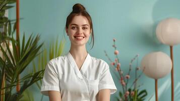 Smiling Young Female Professional Providing Massage Therapy in Peaceful Natural Setting photo