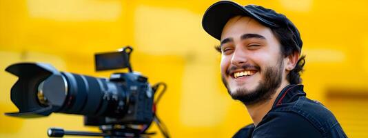 Young Director of Photography Exudes Joy in Vibrant Studio Setting photo