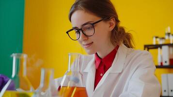 Young Title Researcher Exuding Happiness while Advancing Knowledge on Colorful Background photo