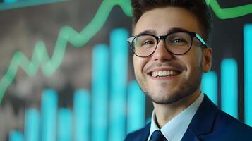 Young Financial Analyst Exuding Joy and Success in Vibrant Office Workspace photo