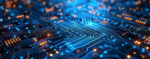 Closeup of digital circuit patterns, representing electronic advancements, isolated on a dark background with copy space photo