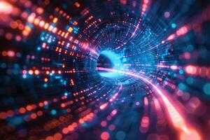 Abstract digital vortex with neon lights, representing data flow and technology, isolated with copy space photo