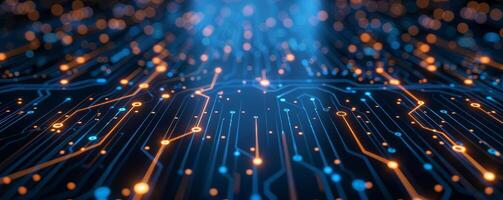 Closeup of digital circuit board pathways, symbolizing advanced technology, isolated on a dark background with copy space photo