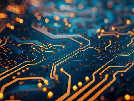 Closeup of advanced circuit board patterns, symbolizing electronic technology, isolated on a dark background with copy space photo