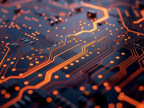 Closeup of advanced circuit board patterns, symbolizing electronic technology, isolated on a dark background with copy space photo