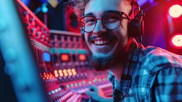 Young Sound Engineer Thriving in a Colorful Studio Environment photo