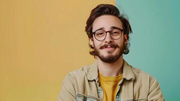 Cheerful Young Engineer in Casual Workwear Posing for Portrait on Colorful Background photo
