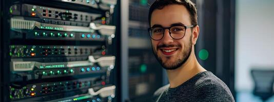 Smiling Young Network Administrator Working on Colorful Tech Background photo