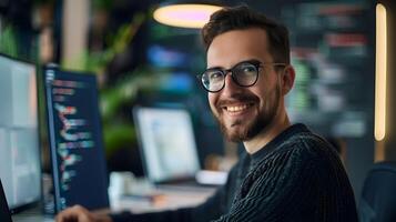 Smiling Young Software Engineer Working on Colorful Modern Office Background photo