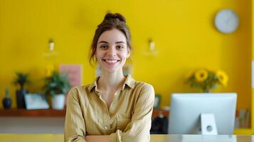 Friendly Young Woman Working at Desk in Colorful Office Environment photo