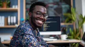 Smiling Young Technology Professional Posing in Colorful Office Setting photo