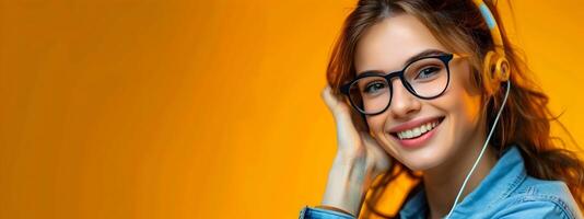 Friendly Young Virtual Assistant Smiling and Working on Colorful Background photo