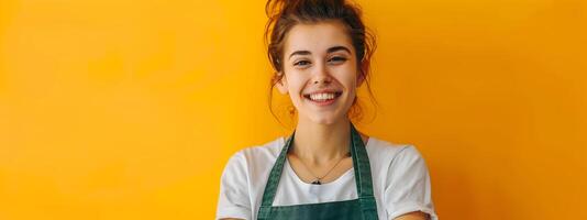 Friendly Retail Employee Smiling on Bright Yellow Background photo