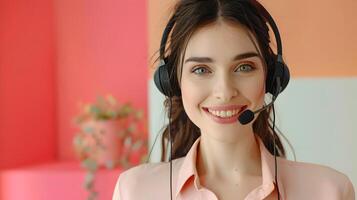 Friendly Female Customer Service Representative Assisting Clients with Headset on Vibrant Background photo