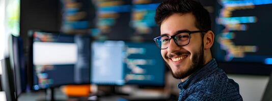 Smiling Young Software Engineer Working in Modern Office Environment photo