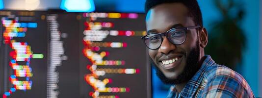 Smiling Young Professional Software Engineer Coding at Colorful Workspace photo