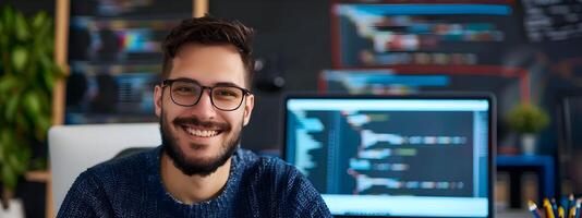 Smiling Young Software Engineer Working on Color Background photo