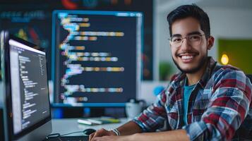 Smiling Young Software Engineer Working on Colorful Computer Code Background photo