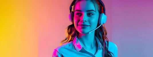 Friendly Customer Service Representative Wearing Headphones on Vibrant Background photo