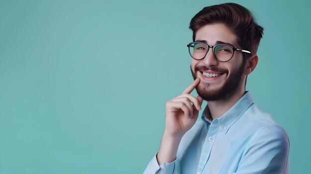 Smiling Young Professional Businessman Wearing Eyeglasses Confidently Working on Computer in Office photo