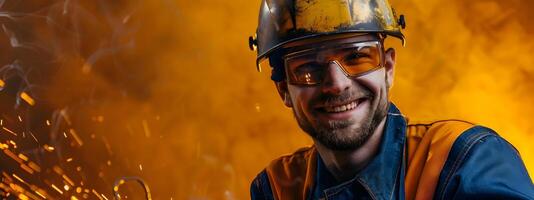 Smiling Young Welder in Protective Gear Working with Sparks in Industrial Environment photo