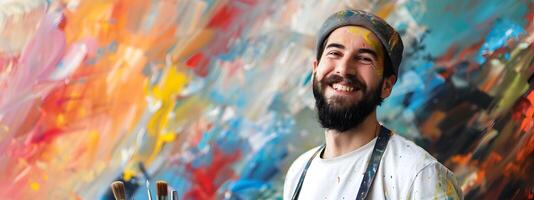 Smiling Young Proudly Displaying His Creative Expression on Colorful Backdrop photo