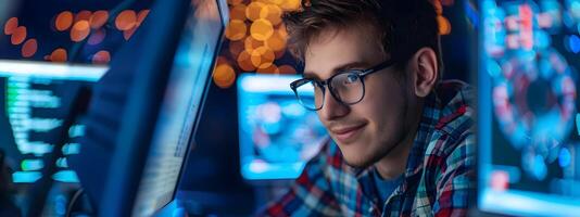 Smiling Young Network Administrator Working on Colorful Digital Background photo