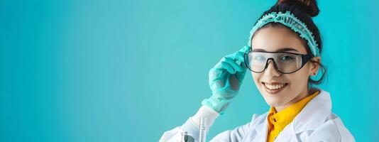 Smiling Young Woman in Lab Coat Conducting Control on Color Background photo