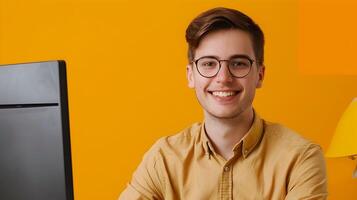 Smiling Young Professional Confidently Working at Computer Desk photo