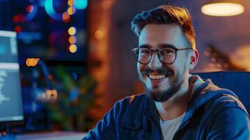 Smiling Young Technical Specialist at Work on Colorful Background photo