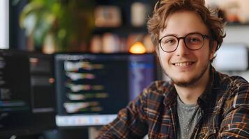 Smiling Young Software Engineer Coding and Working on Computer in Colorful Office photo