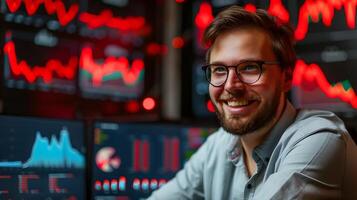 Successful Young Analyst Examining Financial Data with Enthusiasm photo