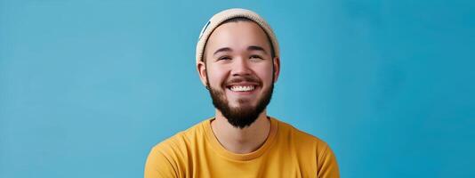 Smiling Young Web Designer Posing Confidently on Vibrant Background photo