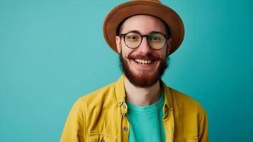 Smiling Young Professional Businessman Wearing Glasses and Hat on Vibrant Background photo